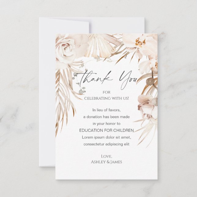 Beige floral garden wedding favour donation cards (Front)