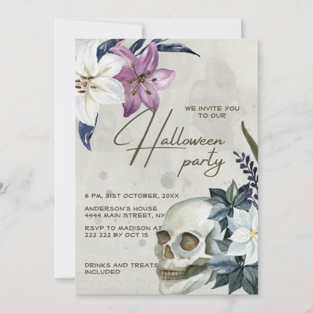 Beige Floral Halloween Invitation (Front)
