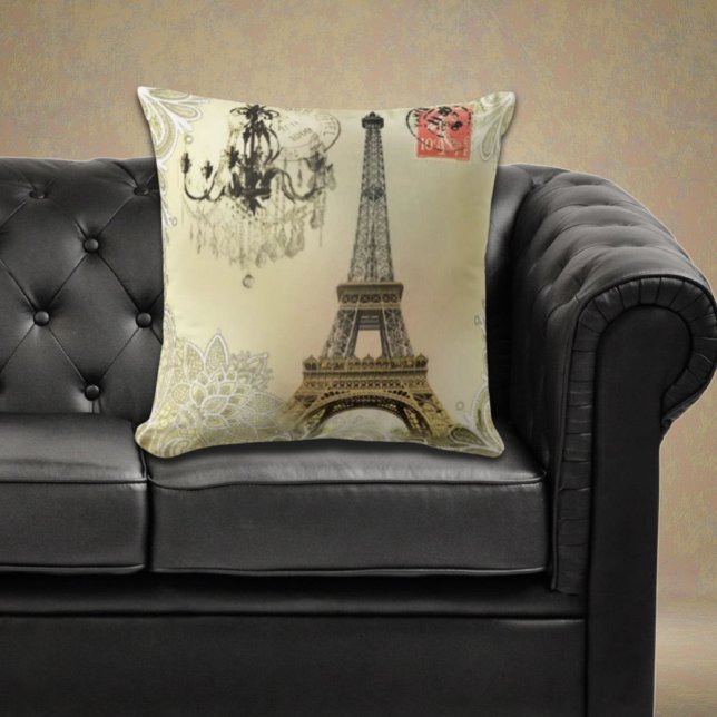 beige floral lace chandelier paris eiffel tower cushion (beige floral lace chandelier paris eiffel tower throw pillow)