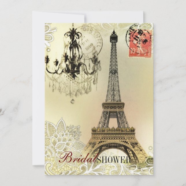 beige floral lace chandelier paris eiffel tower invitation (Front)