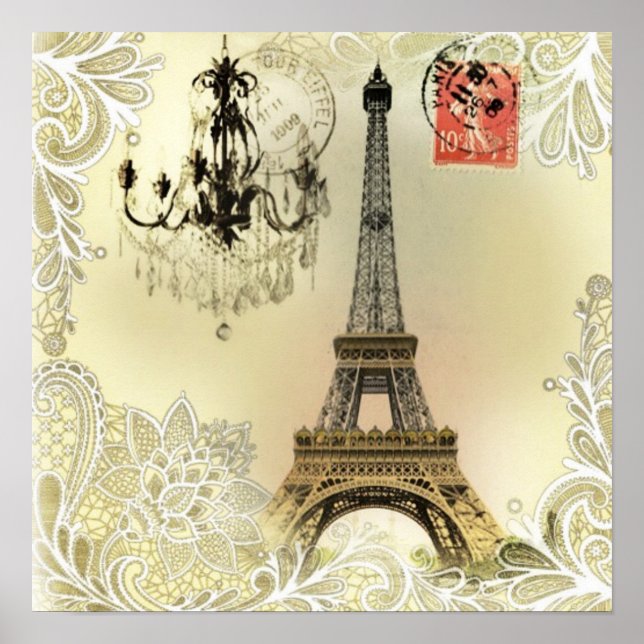 beige floral lace chandelier paris eiffel tower poster (Front)