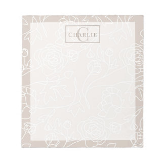 Beige Floral Line Art, Custom Monogram Dog Cat Pet Notepad