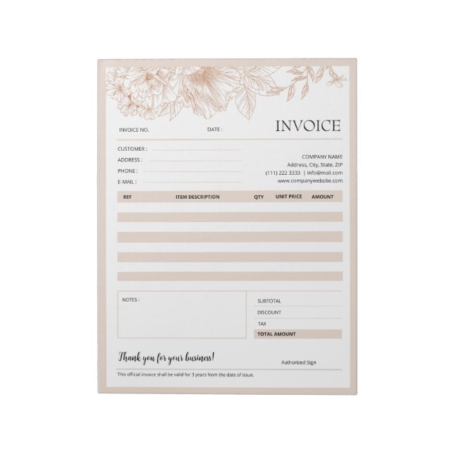 Beige Floral Line Small Business Invoice Template Notepad (Rotated)