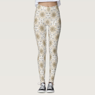 Beige Floral Mandala Circle Batik Pattern  Leggings