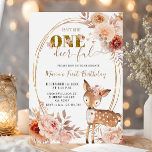 Beige Floral One Deer Ful Girl First Birthday Invitation