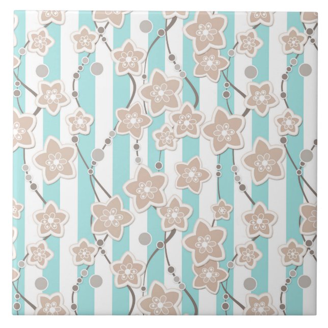 beige floral pattern on mint with white striped  ceramic tile (Front)