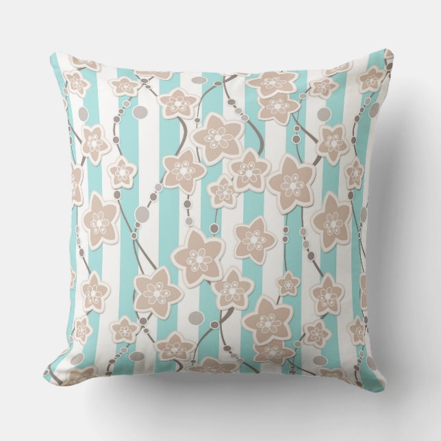 beige floral pattern on mint with white striped  cushion (Front)