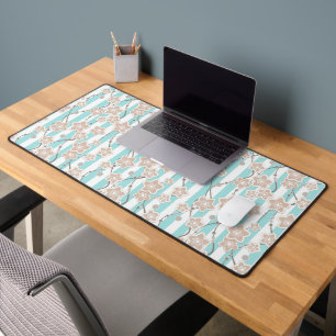beige floral pattern on mint with white striped desk mat