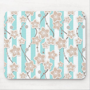beige floral pattern on mint with white striped mouse pad
