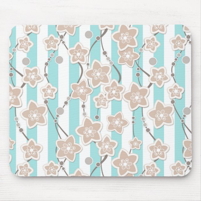 beige floral pattern on mint with white striped  mouse pad (Front)