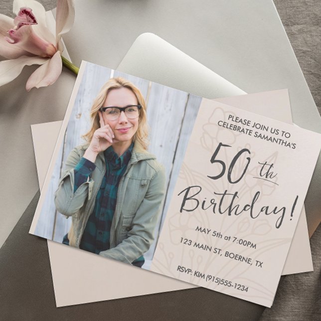 Beige Floral Photo 50th Birthday Invitation (50th Birthday Photo Invitation)