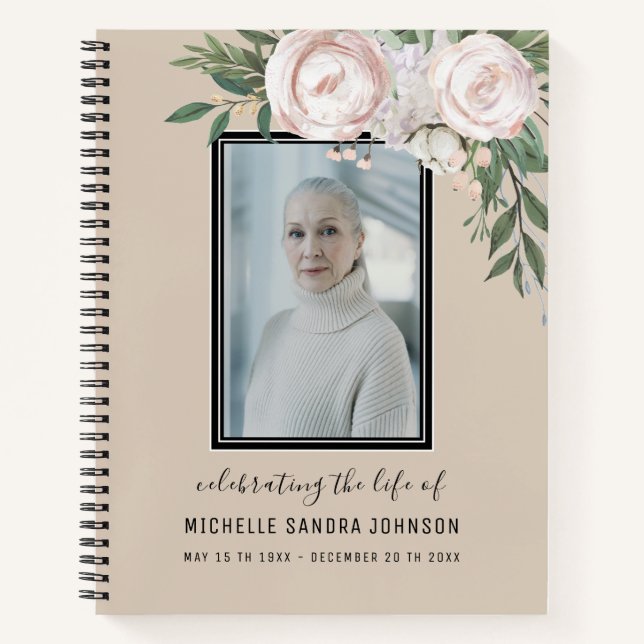 Beige Floral Photo Woman Memorial  Guest Book (Front)
