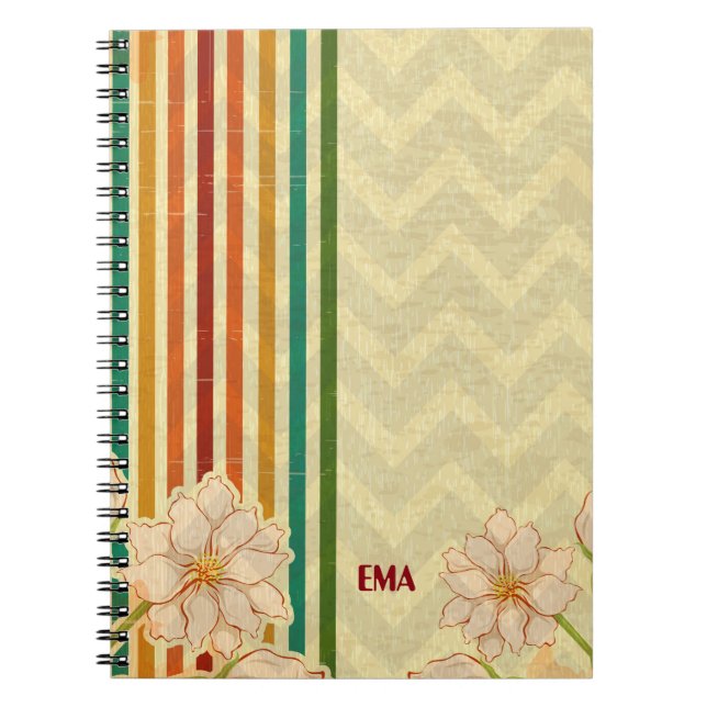 Beige Flowers Colourful Stripes Notebook (Front)