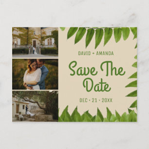 Beige Foliage Three Photo Collage Save The Date Announcement Postcard