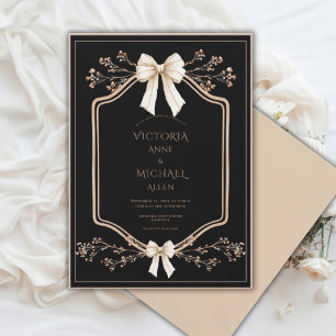 Beige Frame Floral Elegant Black Wedding Invitation