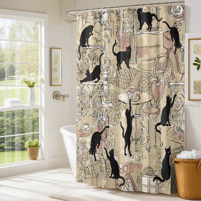 Beige French Cat Paris Cafe Shower Curtain (Creator Uploaded)