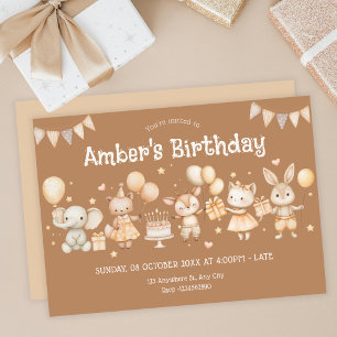 Beige fun cute animal birthday party invitation