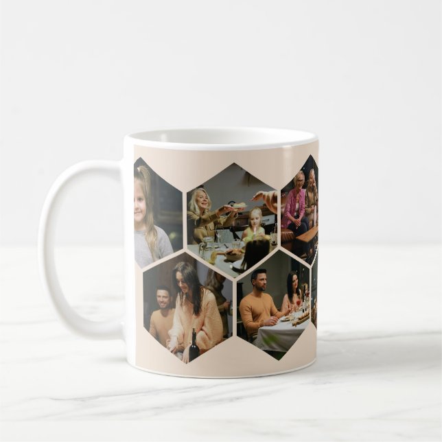 Beige Geometric Hexagon Photo Collage Coffee Mug (Left)