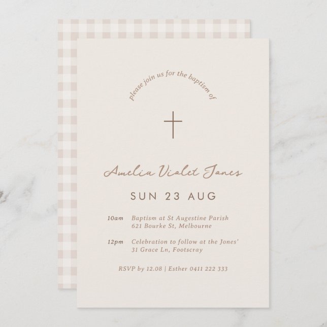 Beige Gingham Baptism Christening Cross Invitation (Front/Back)