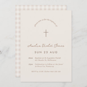 Beige Gingham Baptism Christening Cross Invitation