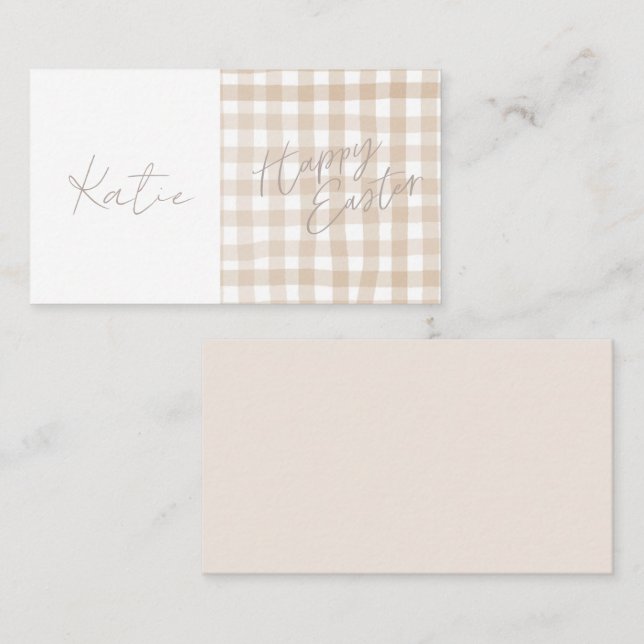 Beige Gingham Check Happy Easter Table Name Place Card (Front/Back)