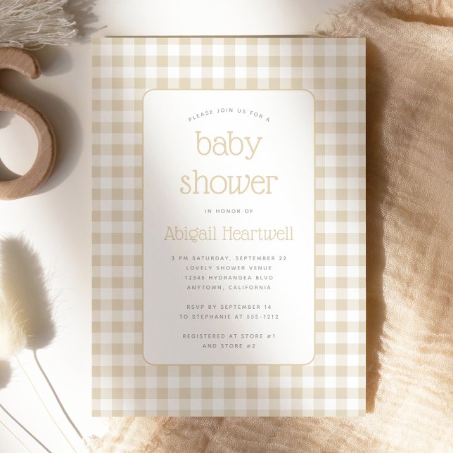Beige Gingham Check Neutral Baby Shower Invitation (Creator Uploaded)