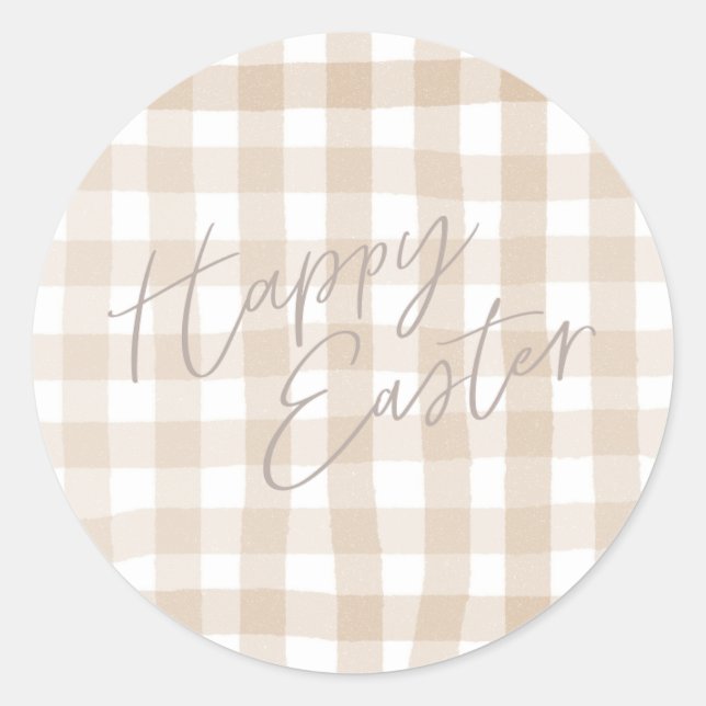 Beige gingham check pattern happy easter  classic round sticker (Front)