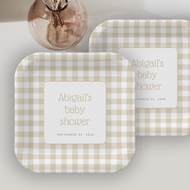 Beige Gingham Check Rustic Baby Shower Paper Plate (Creator Uploaded)