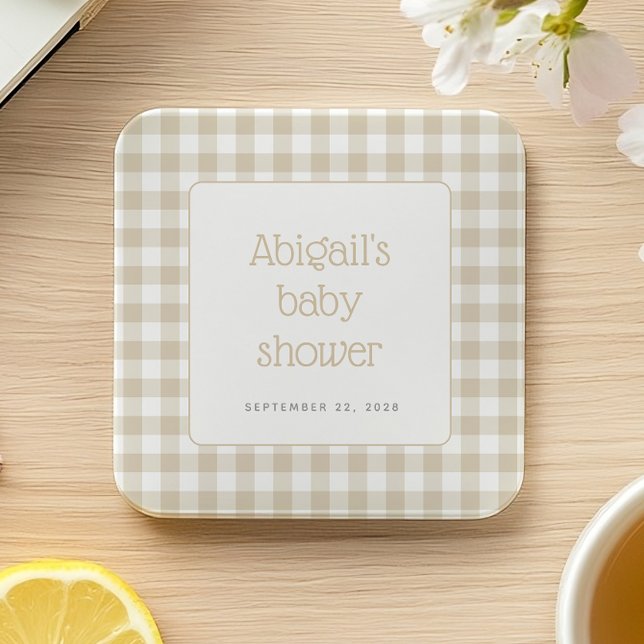 Beige Gingham Check Rustic Baby Shower Square Paper Coaster (Creator Uploaded)