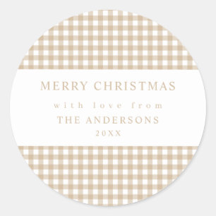 Beige Gingham Christmas Classic Round Sticker