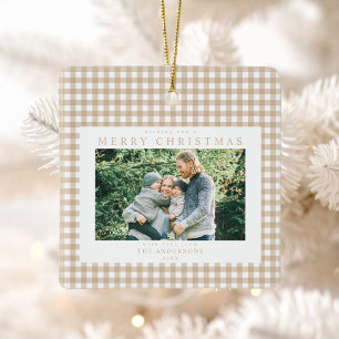 Beige Gingham Christmas Photo Ceramic Ornament