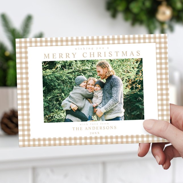 Beige Gingham Christmas Photo Holiday Card (Creator Uploaded)
