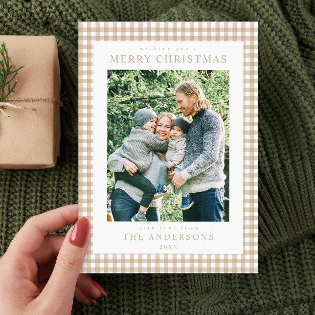 Beige Gingham Christmas Photo Holiday Card (Creator Uploaded)