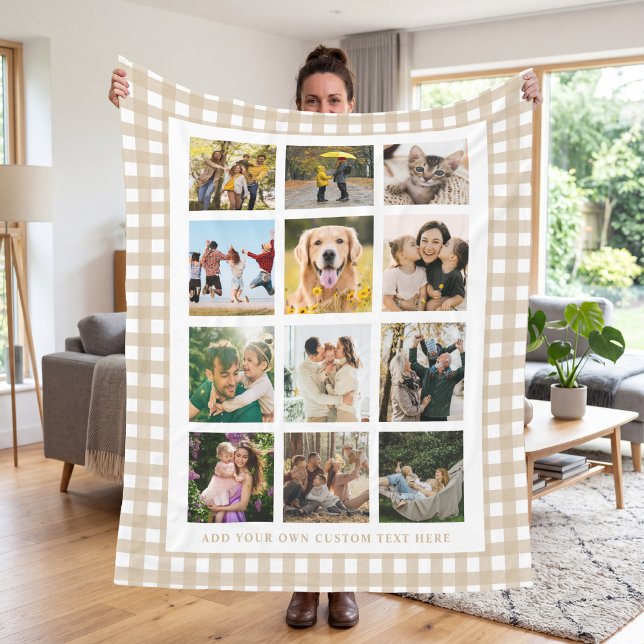 Beige Gingham Custom 12 Photo Collage Fleece Blanket (Creator Uploaded)
