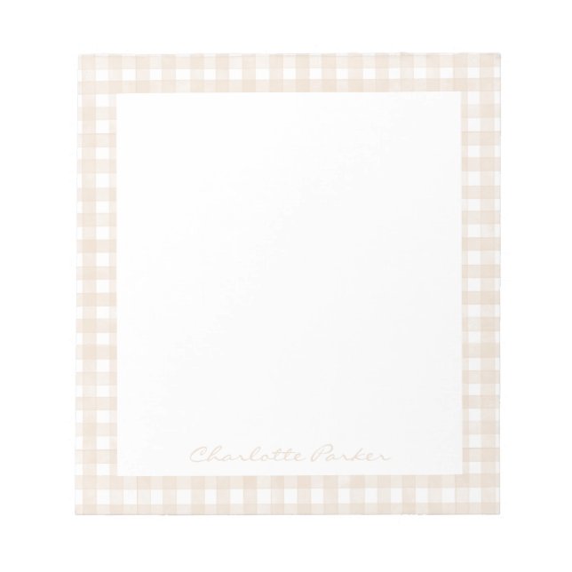 Beige Gingham Custom Name Notepad (Front)