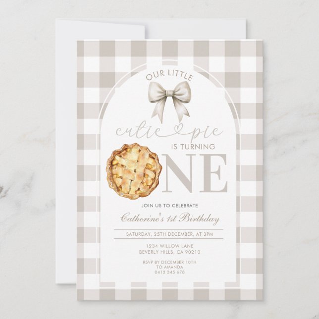 Beige Gingham Cutie Pie First Birthday Invitation (Front)