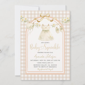 Beige Gingham Daisy Clothesline Baby Sprinkle  Invitation