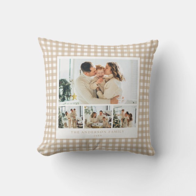 Beige Gingham Family Photo Collage Cushion (Front)
