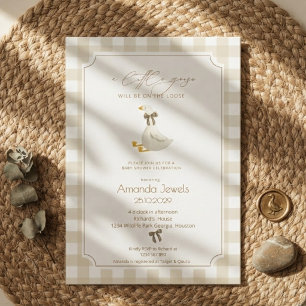 Beige Gingham Little Goose Brown Bow Baby Shower Invitation