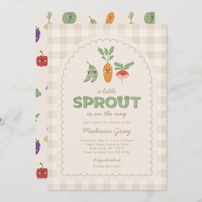 Beige Gingham Little Sprout on the Way Baby Shower Invitation (Front/Back)