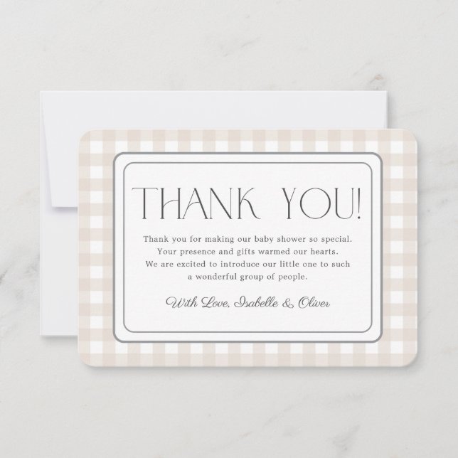 Beige Gingham Neutral Baby Shower Thank You Card (Front)