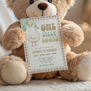 Beige Gingham One Silly Goose 1st Birthday Invitation