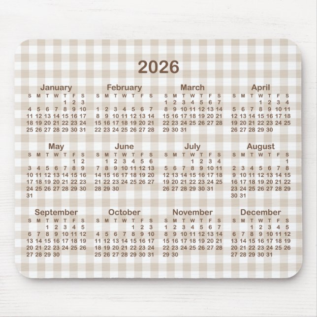 Beige Gingham Plaid Brown 2026 Calendar Mouse Pad (Front)