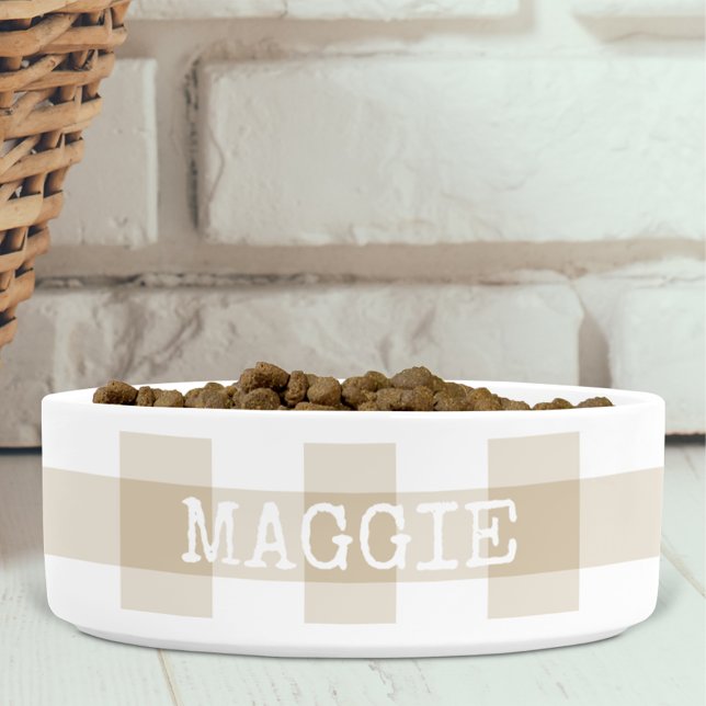 Beige Gingham Plaid Personalised Farmhouse Dog Bowl (Creator Uploaded)