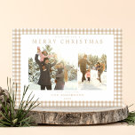 Beige Gingham Plaid Two Photo Holiday Card<br><div class="desc">Create your own custom photo Christmas cards featuring two of your family pictures alongside personalised minimalist typography name and year on a cute beige gingham plaid pattern background.</div>