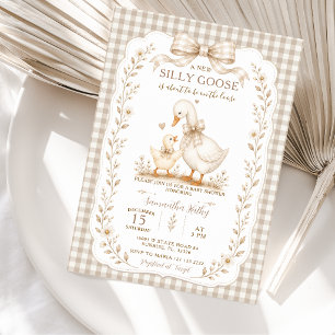 Beige Gingham Silly Goose Baby Shower Little Goose Invitation
