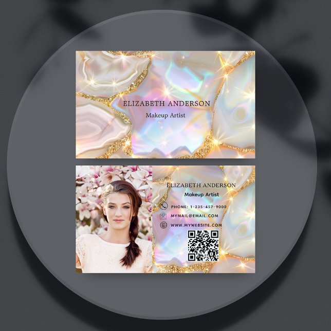Beige gold agate holographic photo qr code business card (Creator Uploaded)