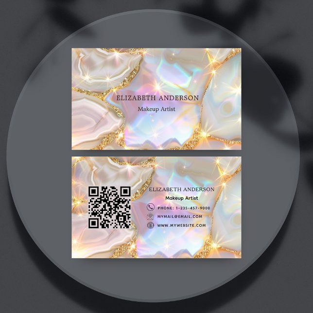 Beige gold agate holographic qr code business card (Creator Uploaded)