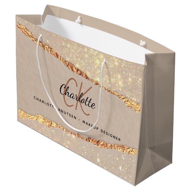 Beige gold agate marble monogram business large gift bag (Back Angled)