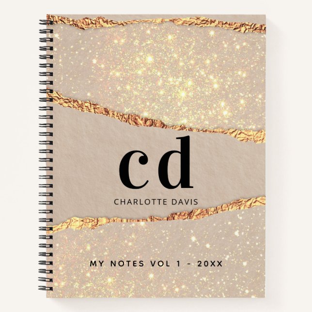 Beige gold agate marble monogram note notebook (Front)